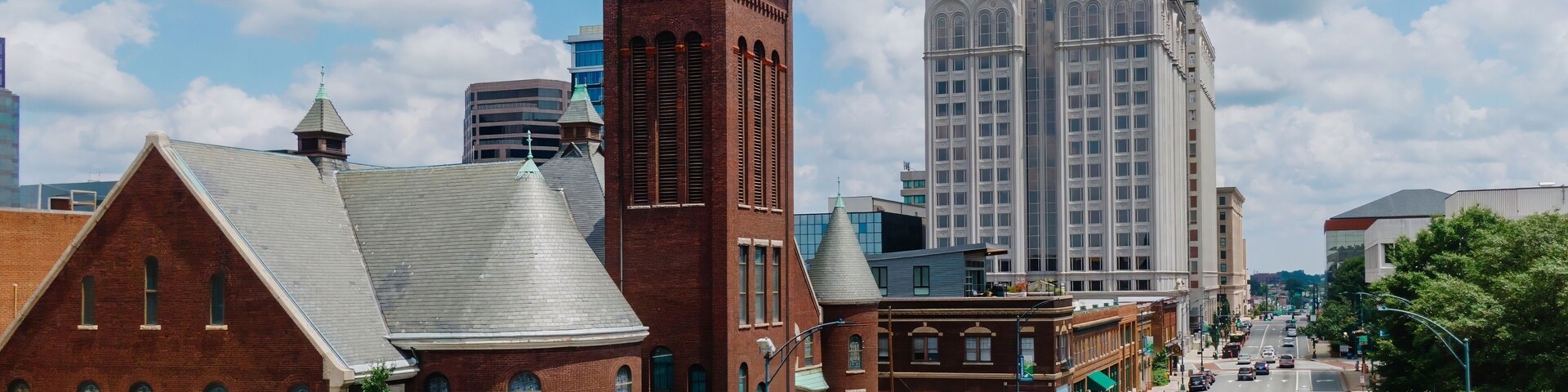 Downtown buildings and West Market Street United Methodist Church, Greensboro, North Carolina, United States.