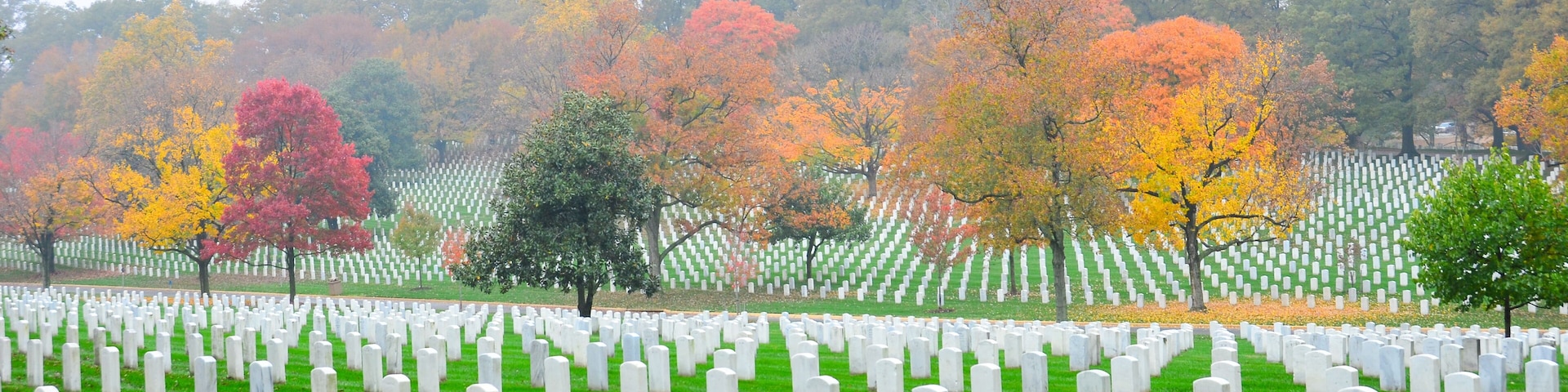 Gravestones in Arlington National Cemetery in autumn foliage - Washington D.C. United States of America