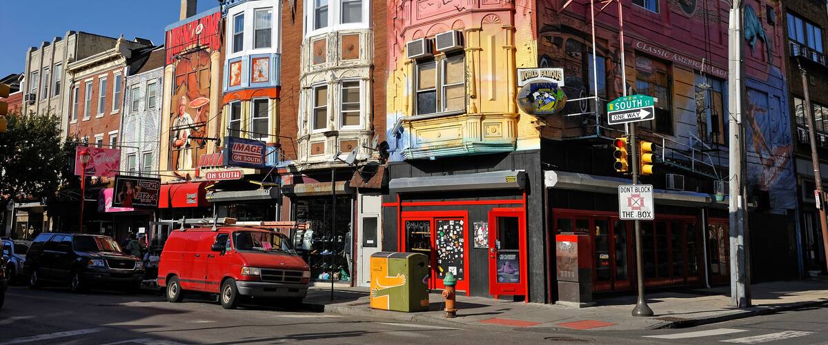 Colored houses in South Street at the intersection with 3rd Street, Philadelphia, Commonwealth of Pennsylvania, United States of America, North America