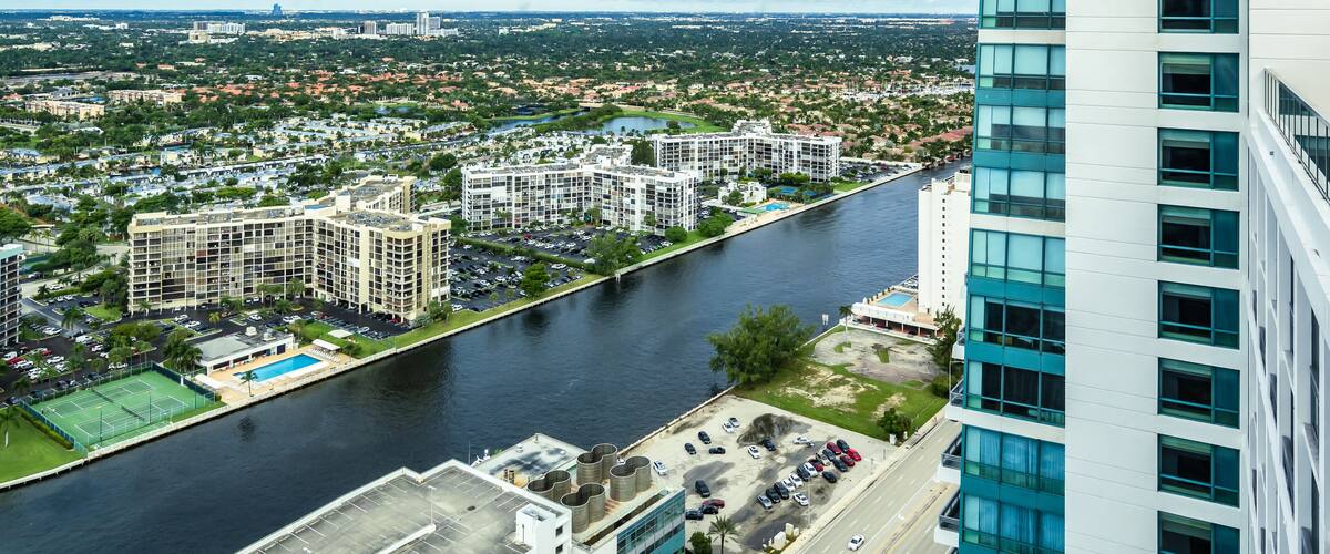 Hollywood, Fort Lauderdale, Florida. Aerial view of Three Island near river at Hollywood South Central beach.