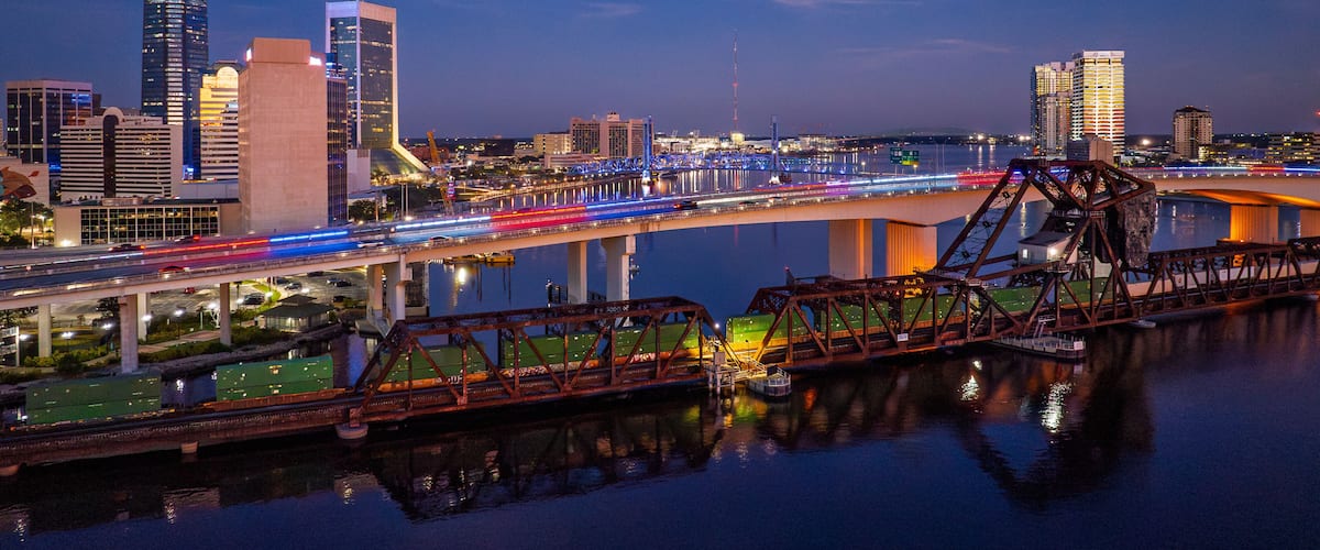 Drone View of the Acosta Bridge, Main Street Bridge and Downtown Jacksonville at Blue Hour