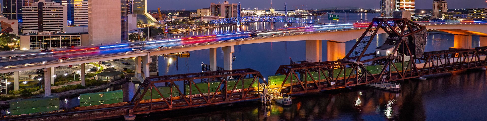 Drone View of the Acosta Bridge, Main Street Bridge and Downtown Jacksonville at Blue Hour