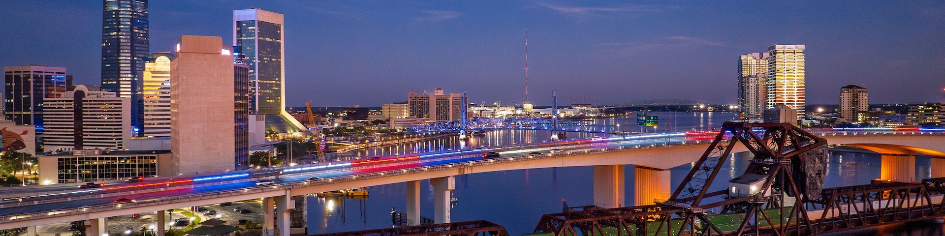 Drone View of the Acosta Bridge, Main Street Bridge and Downtown Jacksonville at Blue Hour