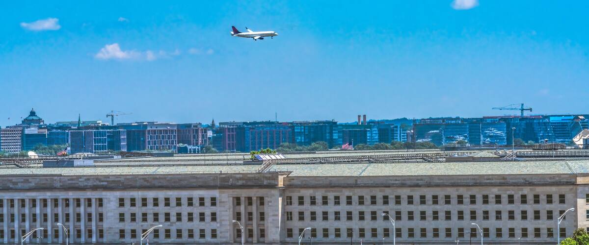 Airplane flying over Pentagon, Washington DC.