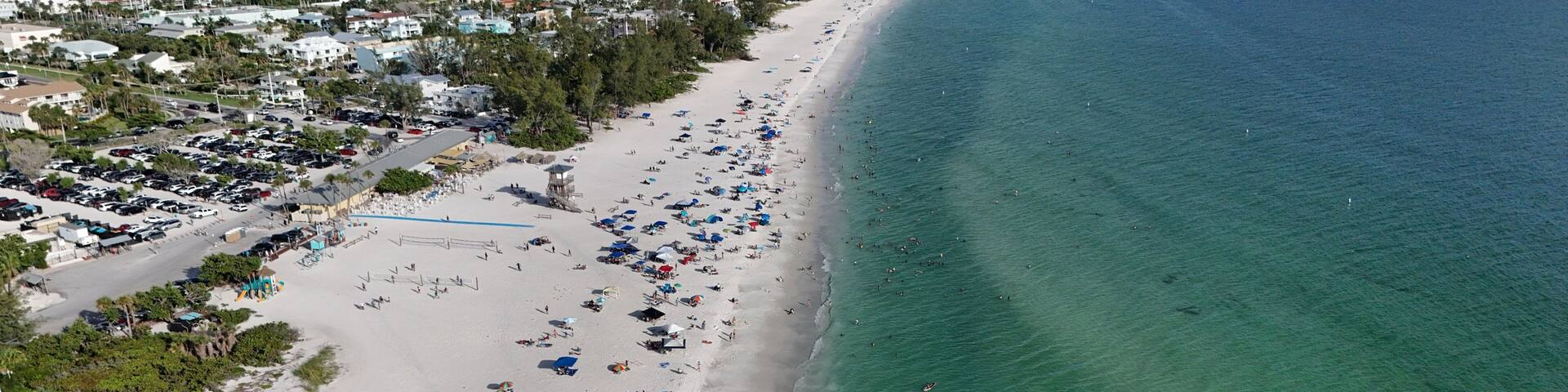 An aerial view of a beach with numerous umbrellas and people, a clear blue ocean, and a cityscape in the background.