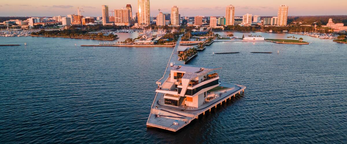 The St. Petersburg Pier, officially known as the St. Pete Pier during sunrise.