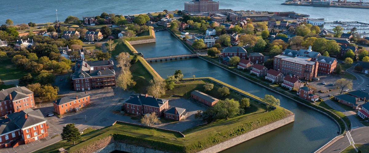 Aerial View of the Fort Monroe National Historic Site looking out toward the James River