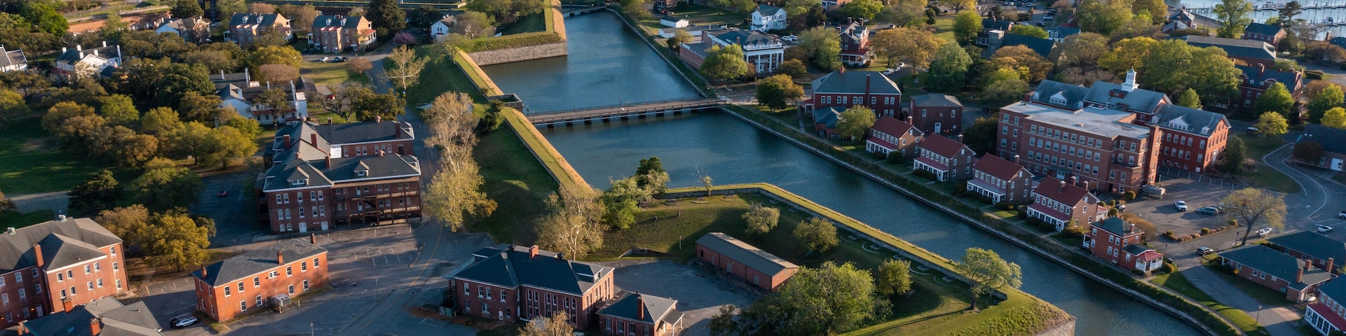 Aerial View of the Fort Monroe National Historic Site looking out toward the James River