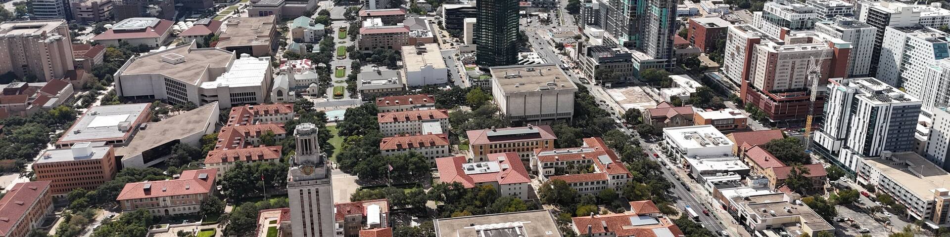 West campus views of UT Austin with downtown Austin in the background.