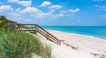 Wooden Boardwalk and Staircase Leading to Atlantic Ocean Beach Side View, Melbourne Beach, Florida, USA