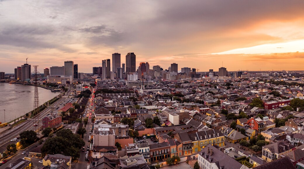 Aerial view of urban skyline with skyscrapers and Mississippi River, New Orleans city center, Marigny, Louisiana, United States.