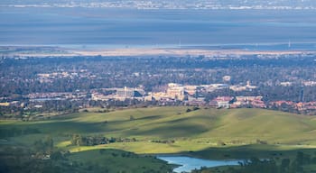 Aerial view of Stanford; Palo Alto, Menlo Park, Redwood City and the San Francisco bay shoreline in the background, Silicon Valley, California