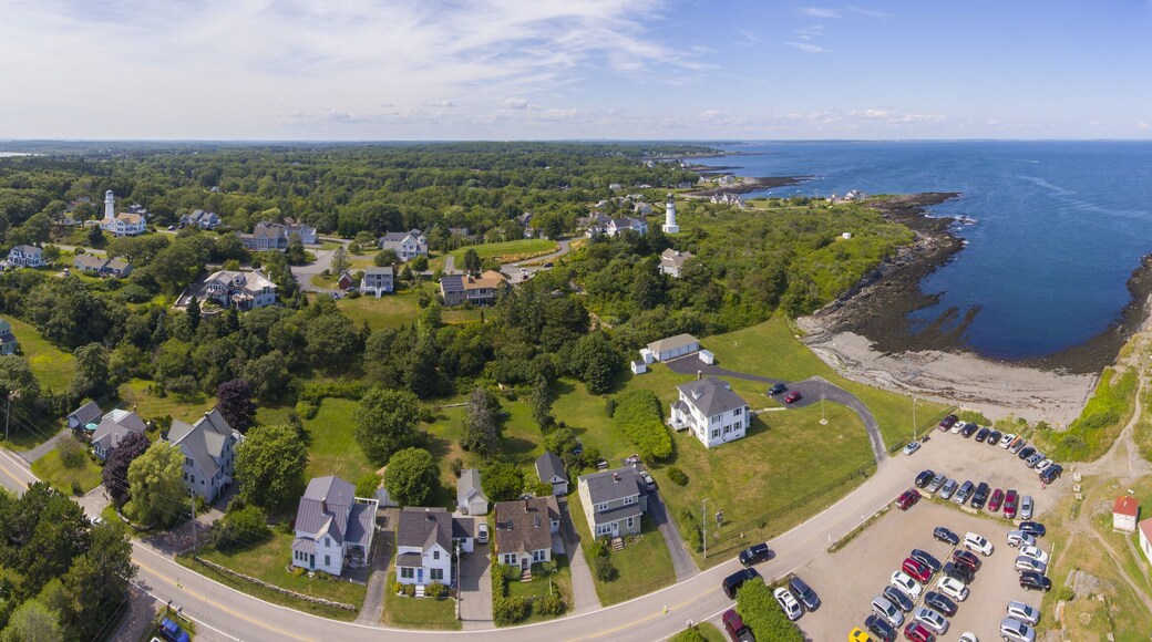Aerial view of Cape Elizabeth Lights, also known as Two Lights, at the south end of Casco Bay in town of Cape Elizabeth, Maine ME, USA.