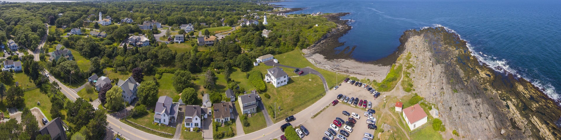 Aerial view of Cape Elizabeth Lights, also known as Two Lights, at the south end of Casco Bay in town of Cape Elizabeth, Maine ME, USA.