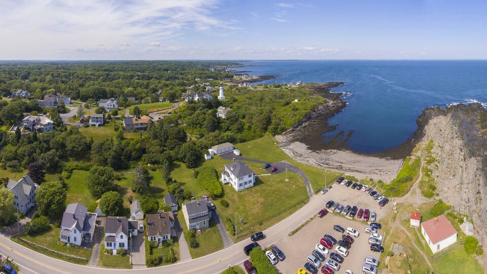 Aerial view of Cape Elizabeth Lights, also known as Two Lights, at the south end of Casco Bay in town of Cape Elizabeth, Maine ME, USA.