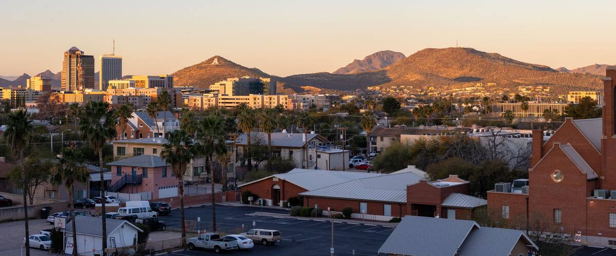 Tucson skyline at dawn with morning sun lighting the mountains