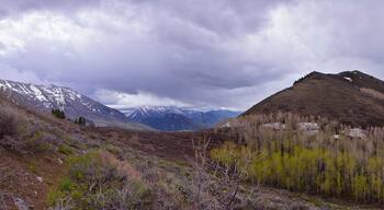 Rocky Mountains Wasatch Front landscape views foothills of Mt Timpanogos, Mt Mahogany nature hiking trail, by Orem and Provo, Utah. United States. USA.