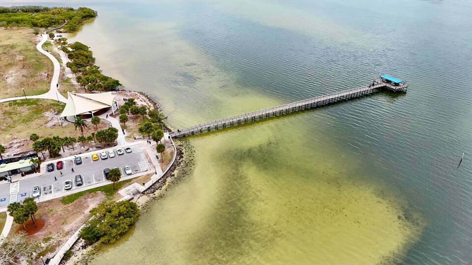 A drone photo of the beautiful Safety Harbor Spa and Resort, Tampa Bay, Florida.