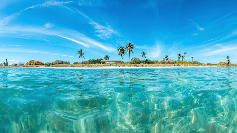 Panoramic picture of Sandspur Beach on Florida Keys in spring during daytime