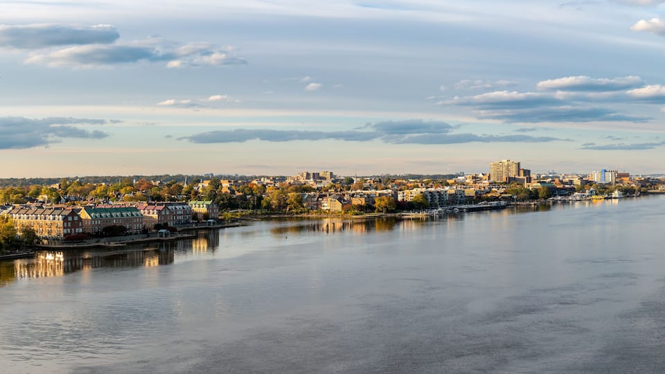 Wide view of the historic city of Alexandria and the waterfront property along the Potomac River in northern Virginia