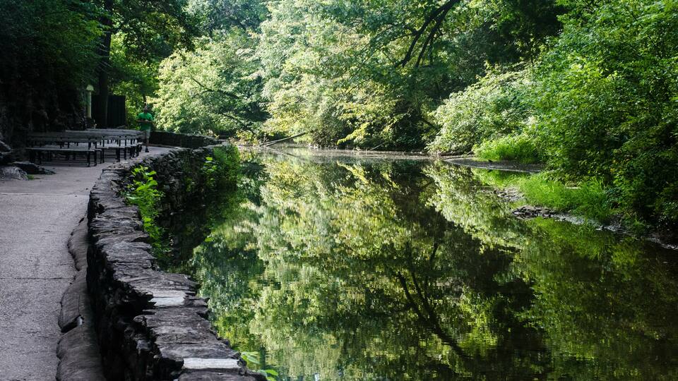 Reflection of trees in water at Natural Bridge State park in Virginia, United States.