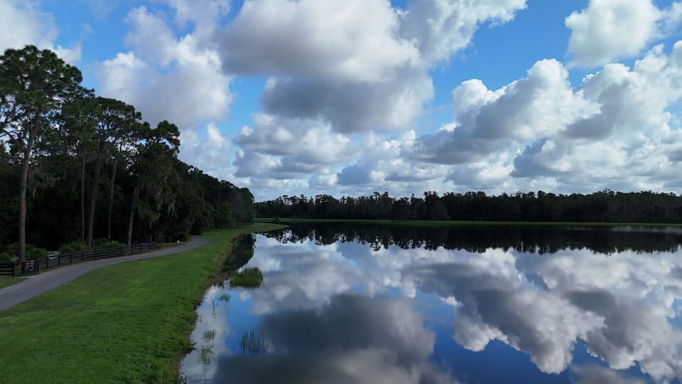 Drone photos of Cummingham Park and reflections on the lakes