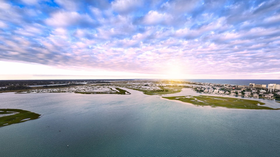 Aerial view over Wrightsville Beach in Wilmington North Carolina