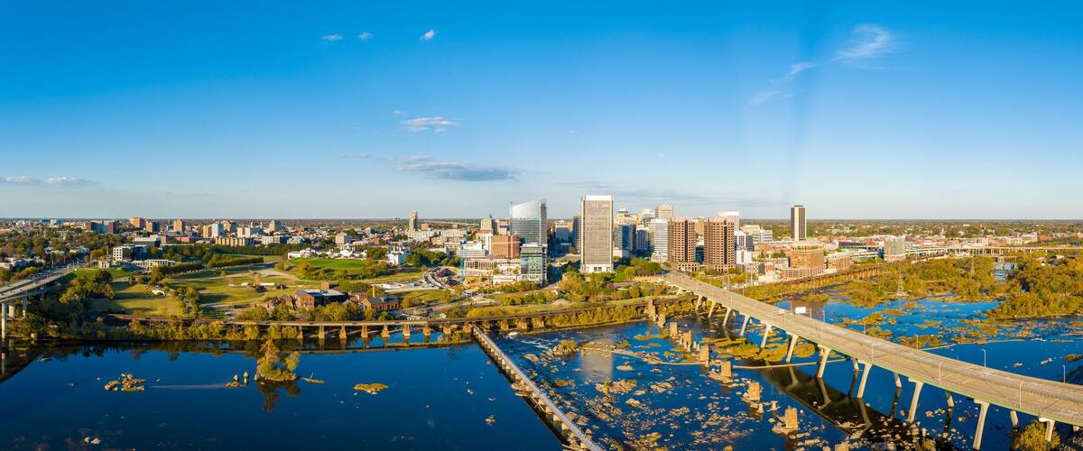 Aerial panorama print of Richmond Virginia 2023. View of city and James River