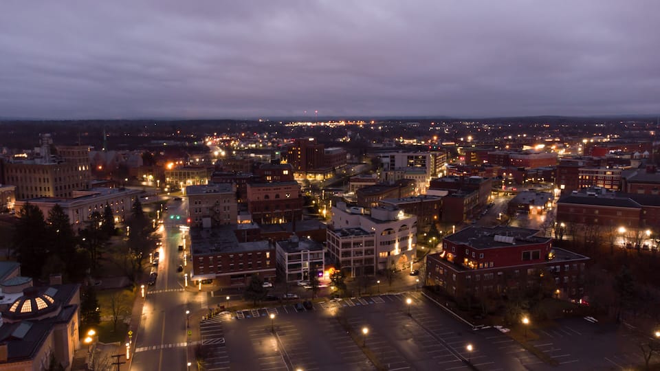 Aerial photo Bangor Maine at night twilight colors