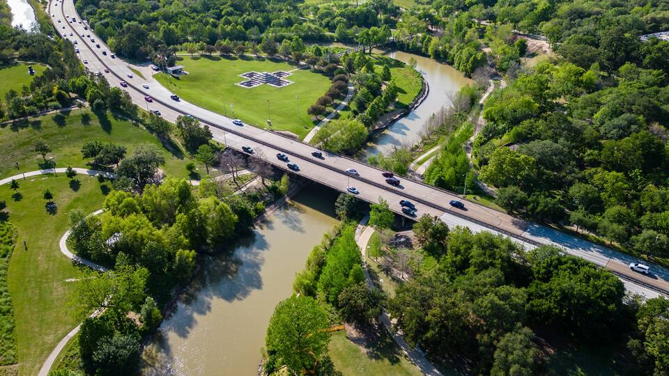 aerial view of highway bridge