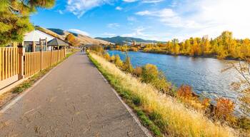 View from the Riverfront Trail along the Clark Fork River of the University District and tower of the Boone Crockett Club Natural History Museum in downtown Missoula, Montana.