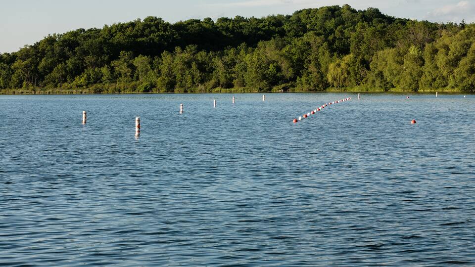 Buoys guard the swimming beach, within the Pike Lake Unit, Kettle Moraine State Forest, Hartford, Wisconsin