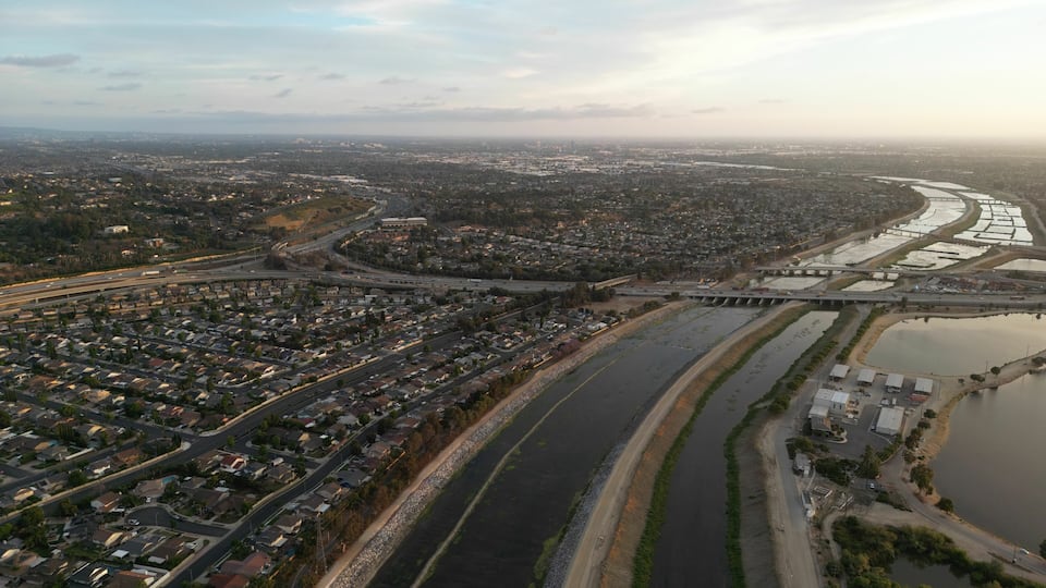 Aerial view of Anaheim Hills, California, with the Santa Ana River visible nearby