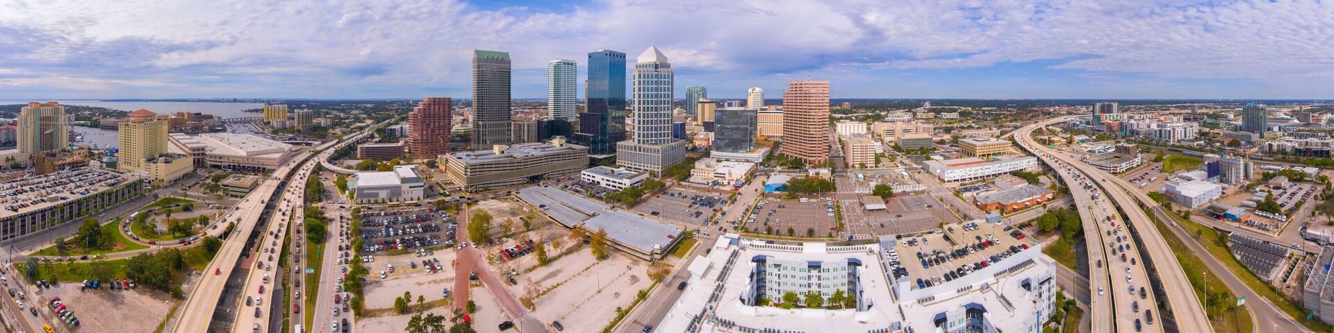 Tampa financial district modern buildings including 100 North Tampa, One Tampa City Center and Truist Place in downtown Tampa, Florida FL, USA.