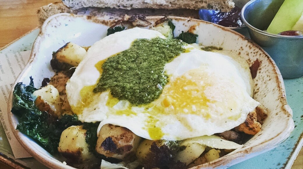 Chicken chimichanga topped with over easy eggs. Very delicious!!!!