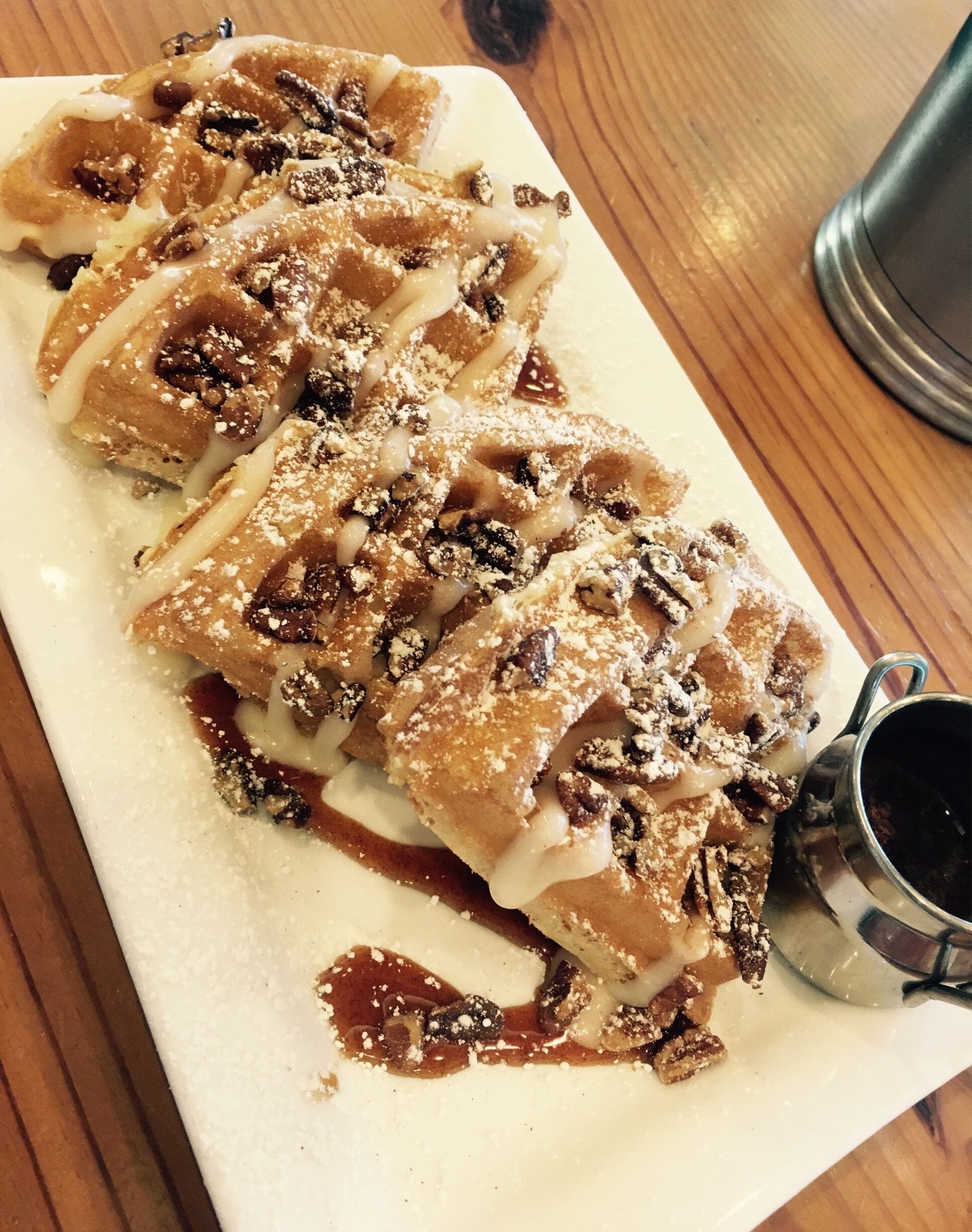 First Watch - only open for breakfast/brunch/lunch and a popular stop for cyclists on the Pinellas Trail - this morning's indulgence was cinnamon roll waffles - complete with cinnamon syrup, cream cheese frosting, pecans and powdered sugar - Delish!! 

#foodiefinds