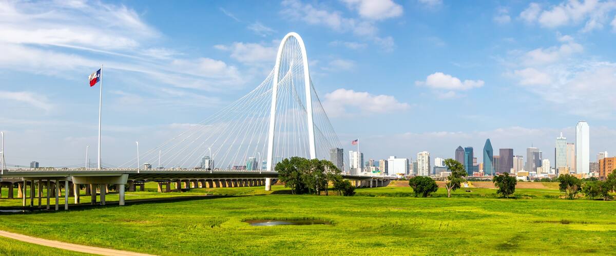 Dallas skyline at Trinity River and Margaret Hunt Hill Bridge panorama in Texas, United States
