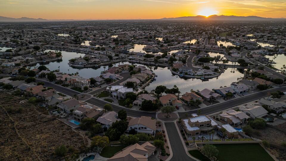 Aerial view of suburban houses at sunset. Arrowhead Lakes, Glendale Arizona