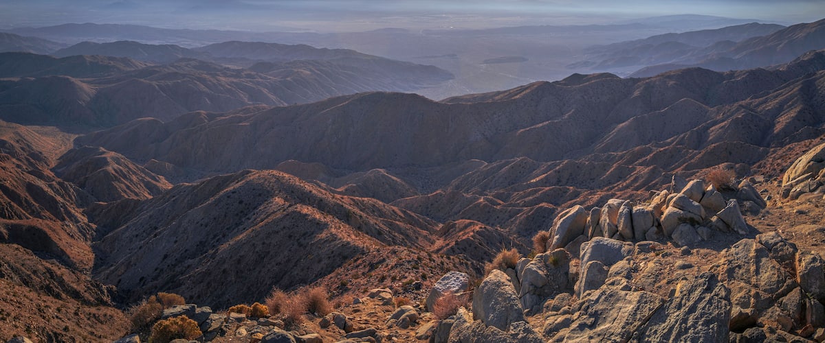 Joshua Tree National Park Landscape Series, Keys View summit at sunset, a high viewpoint with mesas, Coachella Valley, Palm Springs, and Mt San Jacinto, Southern California, USA