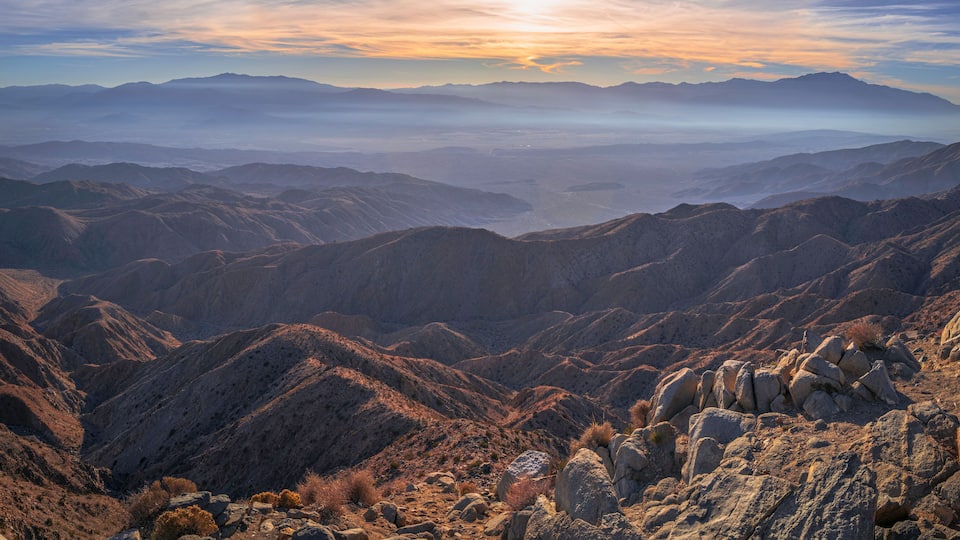 Joshua Tree National Park Landscape Series, Keys View summit at sunset, a high viewpoint with mesas, Coachella Valley, Palm Springs, and Mt San Jacinto, Southern California, USA
