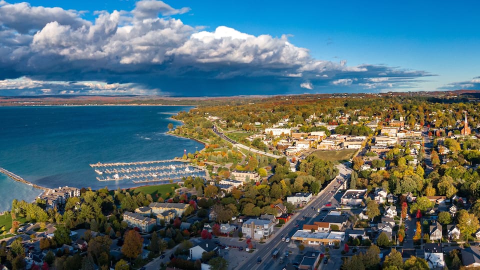 Aerial view of Petoskey in early Autumn