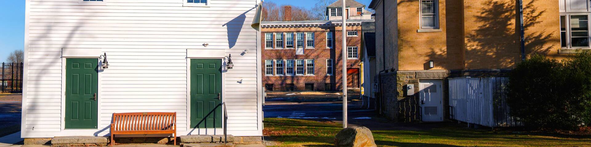 The Landmark Colonial style architecture at Madison Green Historic District in Connecticut, USA