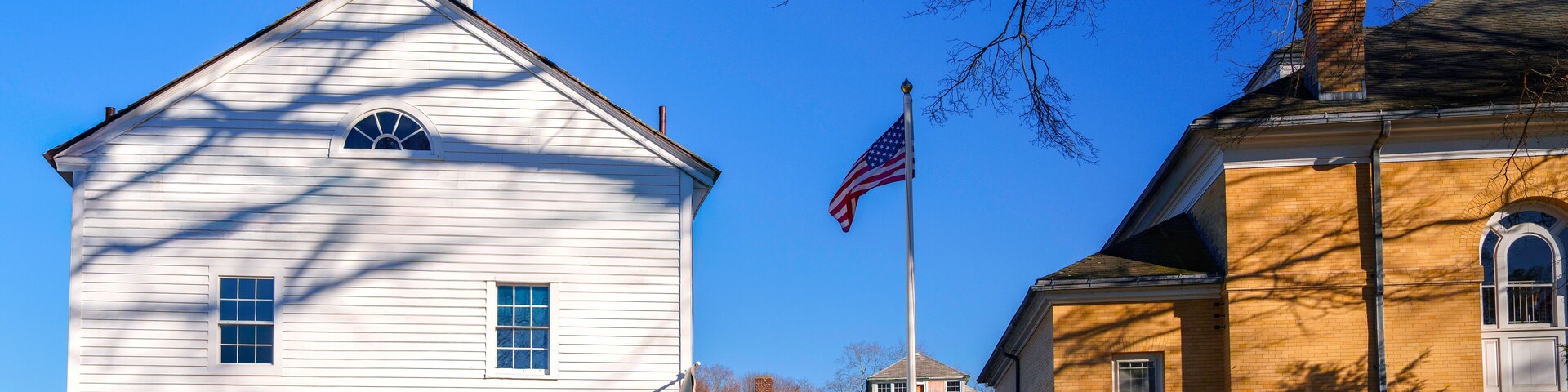 The Landmark Colonial style architecture at Madison Green Historic District in Connecticut, USA
