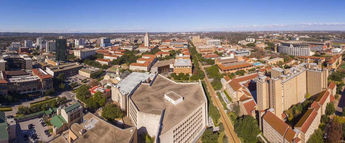 University of Texas at Austin panorama aerial view including UT Tower and Main Building in campus, Austin, Texas, USA.