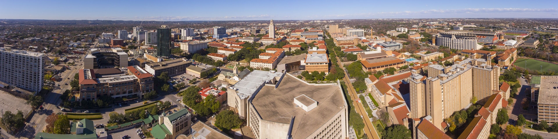 University of Texas at Austin panorama aerial view including UT Tower and Main Building in campus, Austin, Texas, USA.