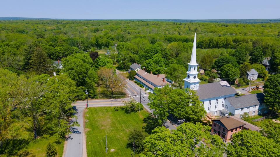 Thompson Hill Historic District aerial view including Congregational church and town common in Thompson Hill village, Thompson, Connecticut CT, USA.