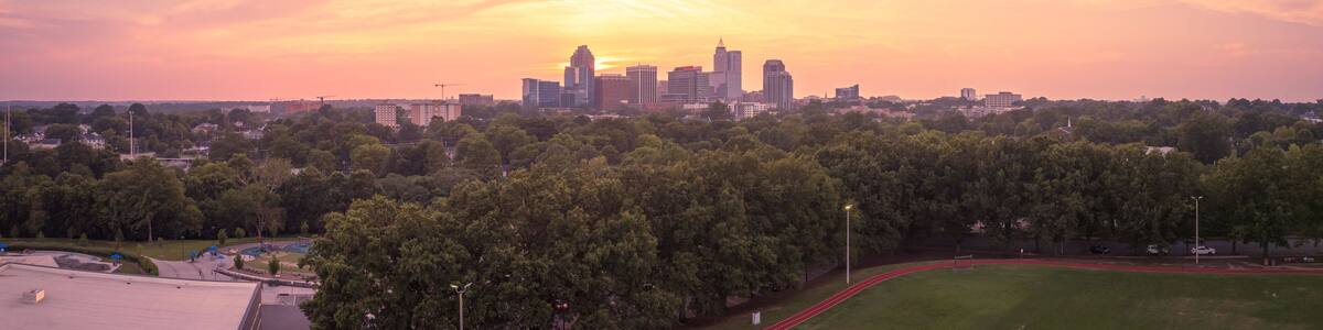 A city skyline at sunset with a park in the foreground.