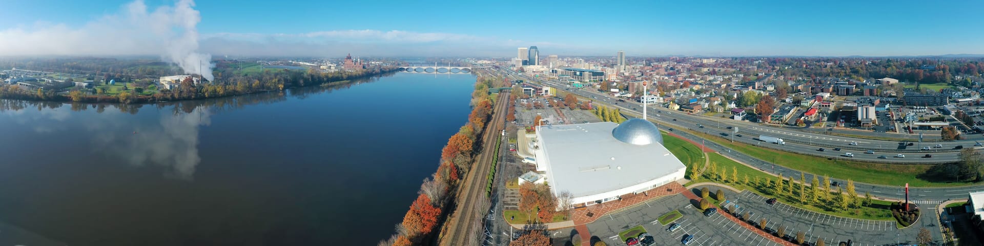 Aerial panorama of Springfield, Massachusetts, United States in early morning