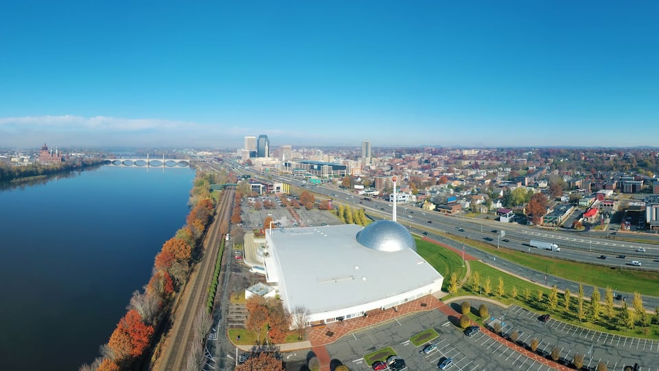 Aerial panorama of Springfield, Massachusetts, United States in early morning