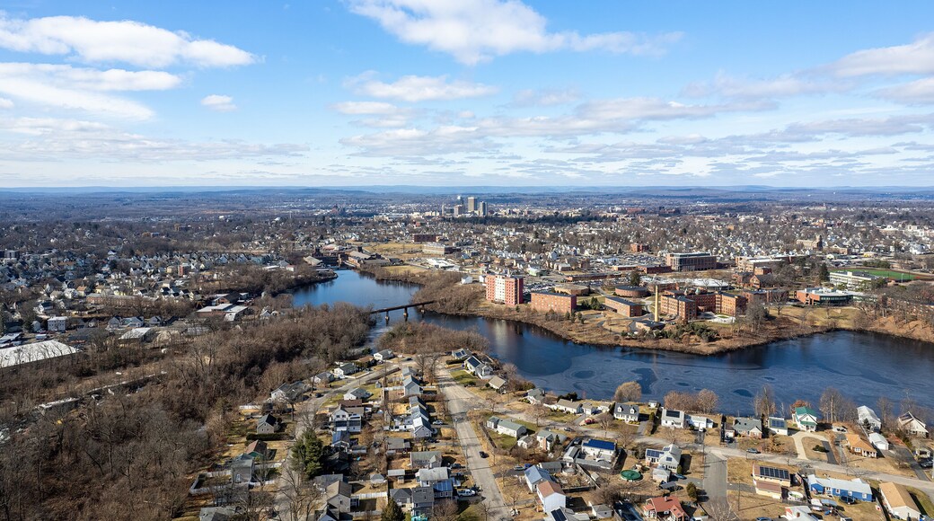 Downtown Springfield Massachusetts seen from Island Pond in East Forest Park